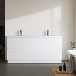 DNF 1500X460X830MM PLYWOOD FLOOR STANDING VANITY - GLOSSY WHITE WITH DOUBLE CERAMIC TOP